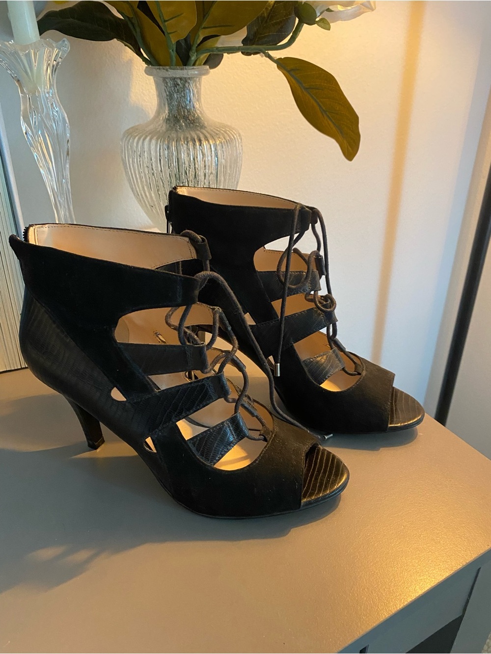 Nine West Black Lace-Up Cutout Peep-Toe Heels/Barely Worn